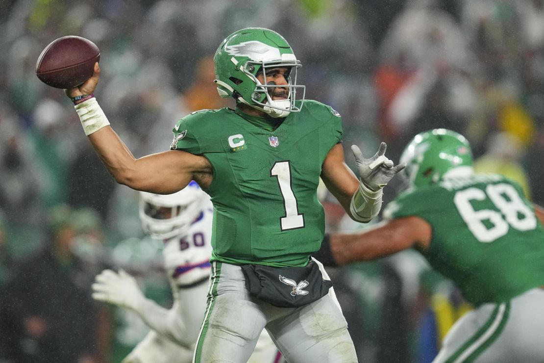 PHILADELPHIA, PENNSYLVANIA - NOVEMBER 26: Jalen Hurts #1 of the Philadelphia Eagles attempts a pass during the second quarter against the Buffalo Bills at Lincoln Financial Field on November 26, 2023 in Philadelphia, Pennsylvania. (Photo by Mitchell Leff/Getty Images)