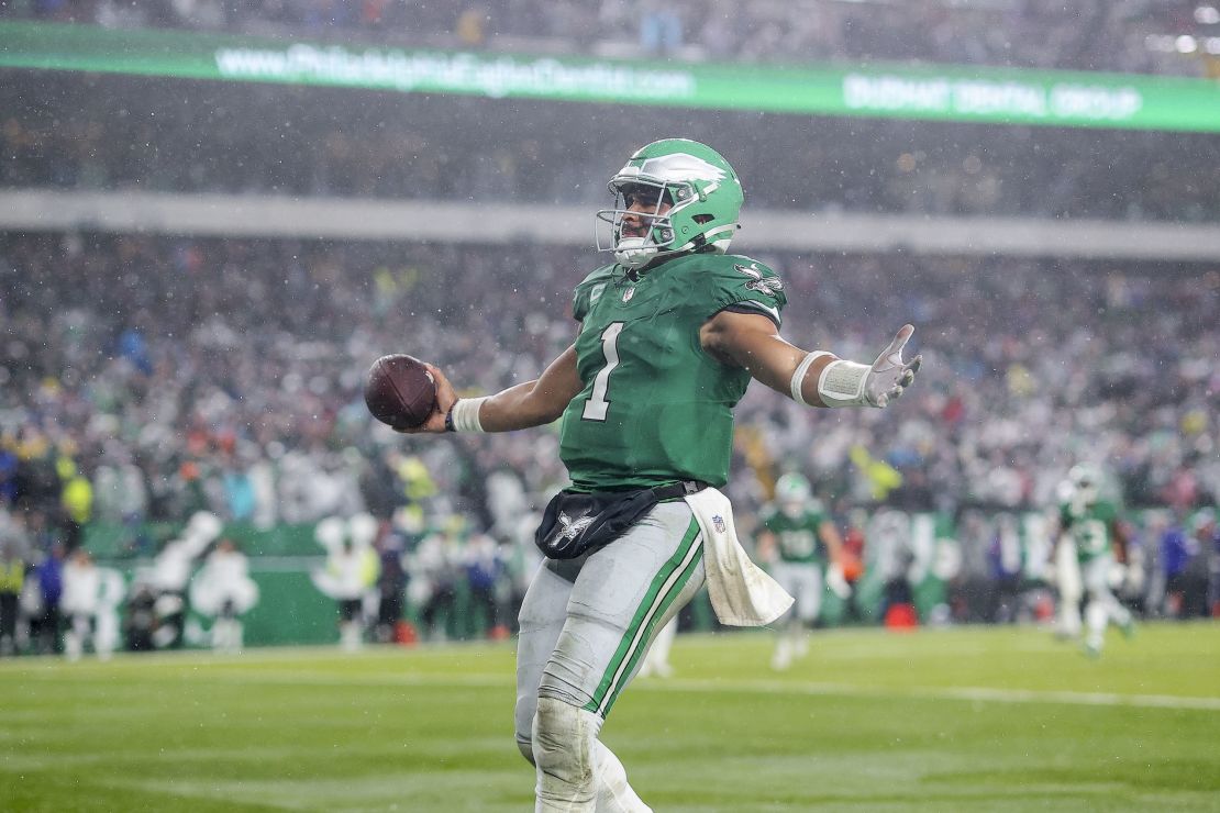 PHILADELPHIA, PENNSYLVANIA - NOVEMBER 26: Jalen Hurts #1 of the Philadelphia Eagles reacts after scoring the game winning touchdown in overtime against the Buffalo Bills at Lincoln Financial Field on November 26, 2023 in Philadelphia, Pennsylvania. (Photo by Tim Nwachukwu/Getty Images)