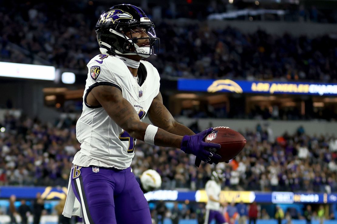 INGLEWOOD, CALIFORNIA - NOVEMBER 26: Zay Flowers #4 of the Baltimore Ravens celebrates after scoring a touchdown against the Los Angeles Chargers during the second quarter in the game at SoFi Stadium on November 26, 2023 in Inglewood, California. (Photo by Katelyn Mulcahy/Getty Images)