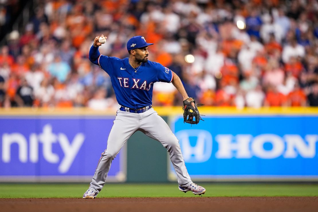 Marcus Semien, wearing the jersey of the Texas Rangers, during their Game 7 American League Championship Series win over the Houston Astros on October 23.