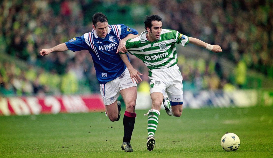 Rangers player Ian Ferguson (left) challenges Paolo Di Canio of Celtic during an Old Firm on March 16, 1997, in Glasgow, Scotland.