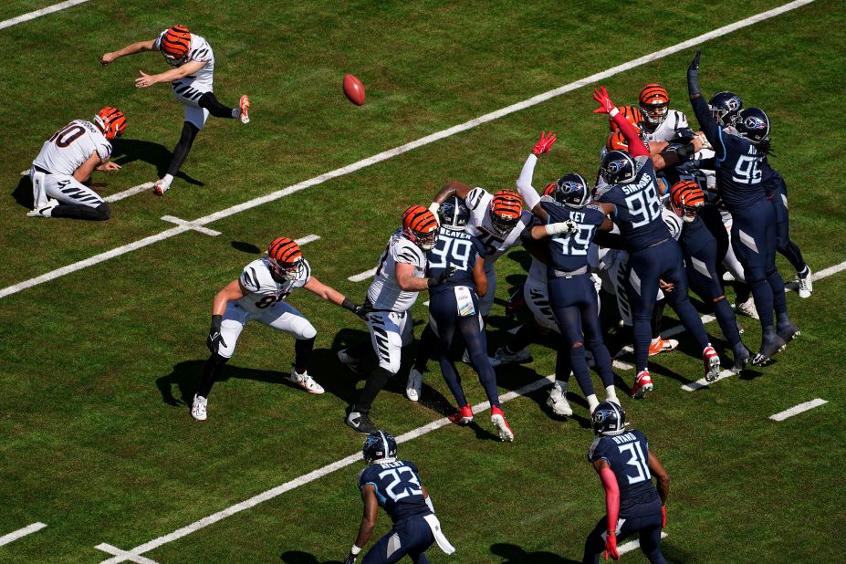 Cincinnati Bengals' Evan McPherson kicks a field goal during a game against the Tennesee Titans. McPherson was Cincinnati's only player to put points on the board during their 27-3 loss.