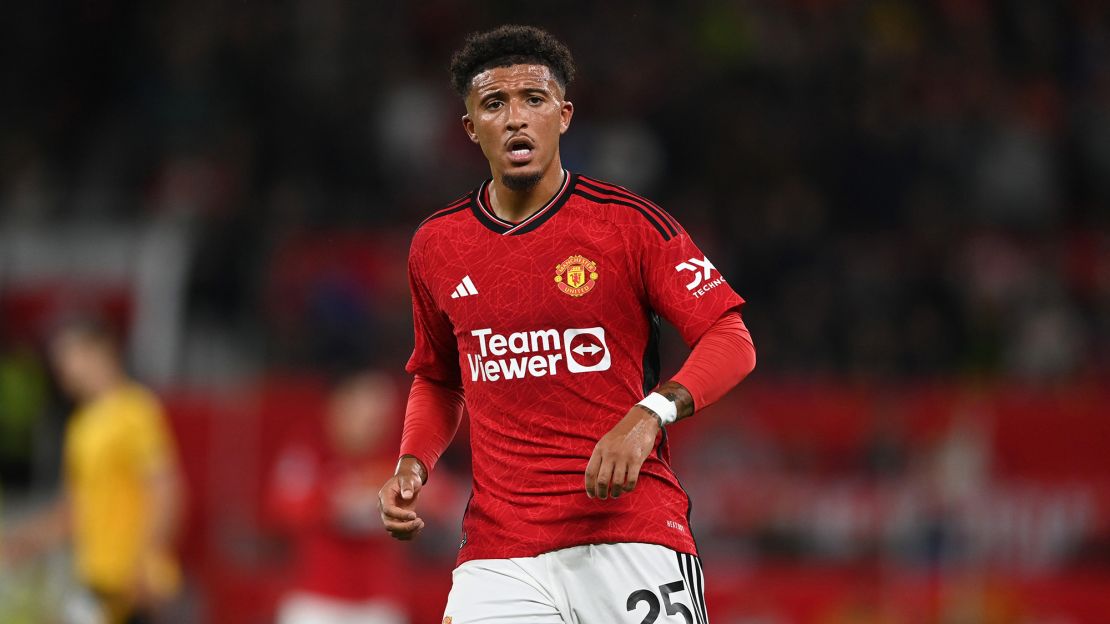 MANCHESTER, ENGLAND - AUGUST 14: Jadon Sancho of Manchester United during the Premier League match between Manchester United and Wolverhampton Wanderers at Old Trafford on August 14, 2023 in Manchester, England. (Photo by Gareth Copley/Getty Images)