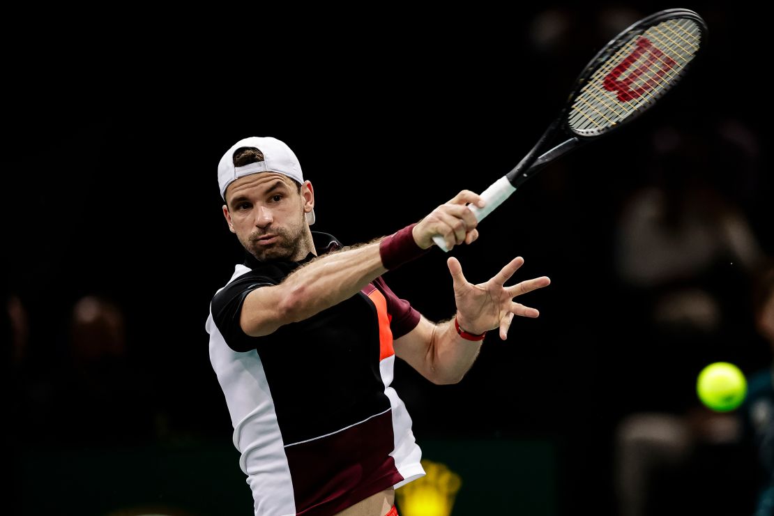 Grigor Dimitrov of Bulgaria plays a forehand against Daniil Medvedev during Rolex Paris Masters Day Three at Palais Omnisports de Bercy on November 1, 2023 in Paris, France.