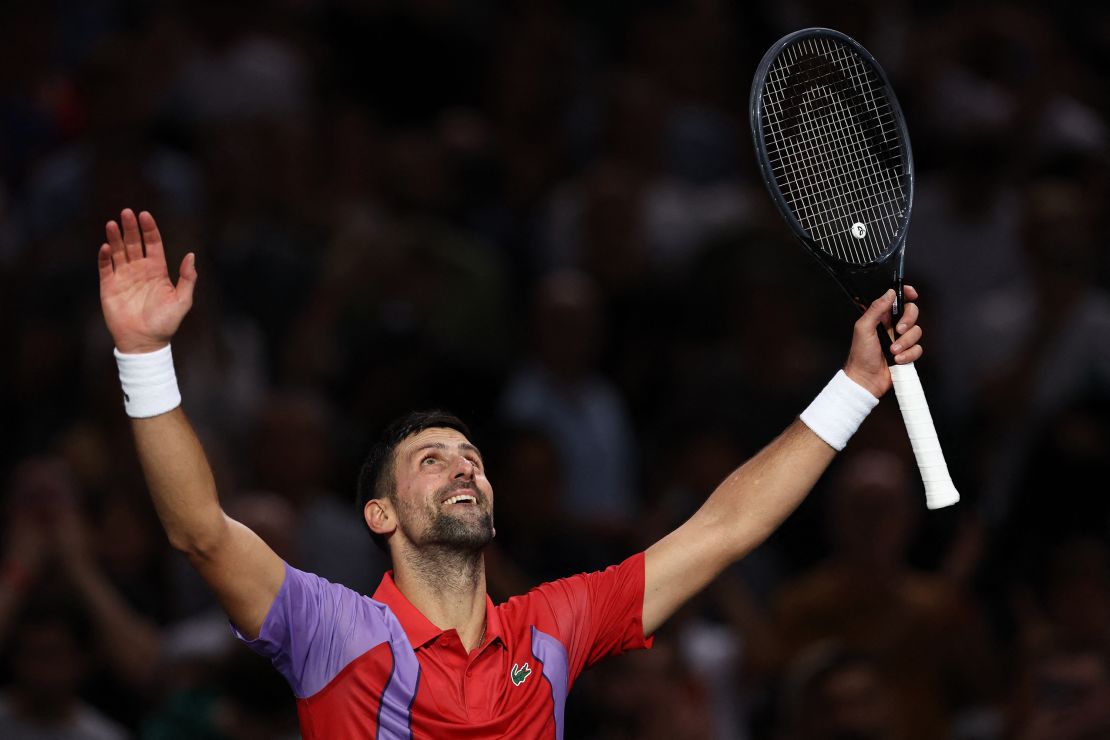 Tennis - ATP Masters 1000 - Paris Masters - AccorHotels Arena, Paris, France - November 1, 2023 
Serbia's Novak Djokovic celebrates after winning his round of 32 match against Argentina's Tomas Martin Etcheverry