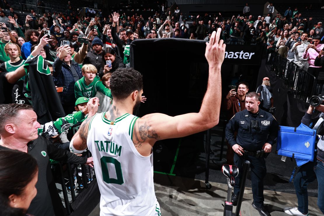 BROOKLYN, NY - NOVEMBER 4: Jayson Tatum #0 of the Boston Celtics greets the fans after the game against the Brooklyn Nets on November 4, 2023 at the Barclays Center in Brooklyn, New York. NOTE TO USER: User expressly acknowledges and agrees that, by downloading and or using this Photograph, user is consenting to the terms and conditions of the Getty Images License Agreement. Mandatory Copyright Notice: Copyright 2023 NBAE (Photo by Nathaniel S. Butler/NBAE via Getty Images)