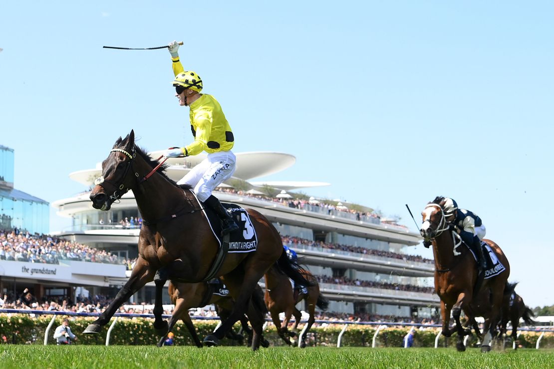 MELBOURNE, AUSTRALIA - NOVEMBER 07: Mark Zahra riding Without a Fight wins the Lexus Melbourne Cup during Melbourne Cup Day at Flemington Racecourse on November 07, 2023 in Melbourne, Australia. (Photo by Quinn Rooney/Getty Images)