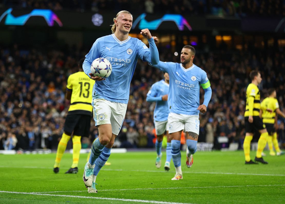 Soccer Football - Champions League - Group G - Manchester City v BSC Young Boys - Etihad Stadium, Manchester, Britain - November 7, 2023
Manchester City's Erling Braut Haaland celebrates scoring their first goal REUTERS/Carl Recine