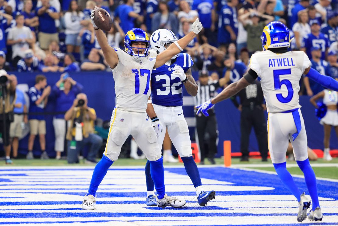 Puka Nacua #17 of the Los Angeles Rams celebrates a walk-off game-winning touchdown against the Indianapolis Colts during the fourth quarter at Lucas Oil Stadium on October 01, 2023 in Indianapolis, Indiana.