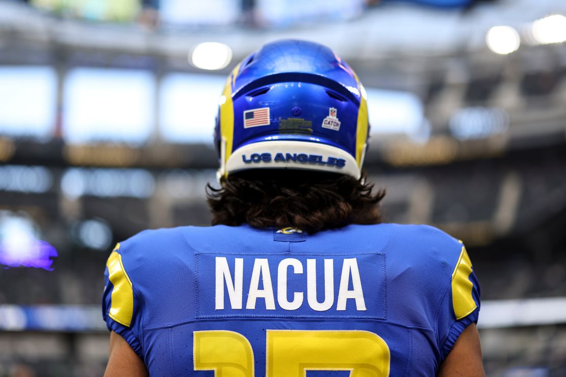 Puka Nacua #17 of the Los Angeles Rams looks on prior to an NFL football game between the Los Angeles Rams and the Philadelphia Eagles at SoFi Stadium on October 08, 2023 in Inglewood, California.