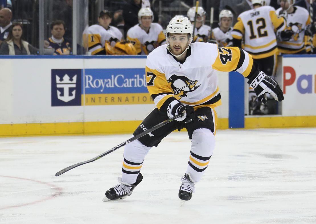 NEW YORK, NEW YORK - MARCH 25: Adam Johnson #47 of the Pittsburgh Penguins skates against the New York Rangers at Madison Square Garden on March 25, 2019 in New York City. The Penguins defeated the Rangers 5-2. (Photo by Bruce Bennett/Getty Images)