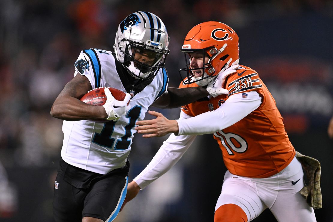 CHICAGO, ILLINOIS - NOVEMBER 09: Ihmir Smith-Marsette #11 of the Carolina Panthers returns a punt 79-yards for a touchdown during the first quarter against the Chicago Bears at Soldier Field on November 09, 2023 in Chicago, Illinois. (Photo by Quinn Harris/Getty Images)