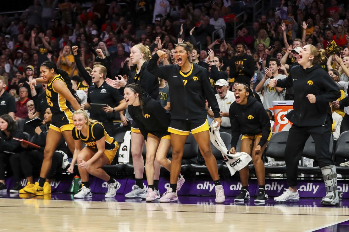 CHARLOTTE, NC - NOVEMBER 09: The Iowa Hawkeyes bench reacts after a basket during the Ally Tipoff against the Virginia Tech Hokies at Spectrum Center in Charlotte, North Carolina on Nov 9, 2023. (Photo by David Jensen/Icon Sportswire) (Icon Sportswire via AP Images)