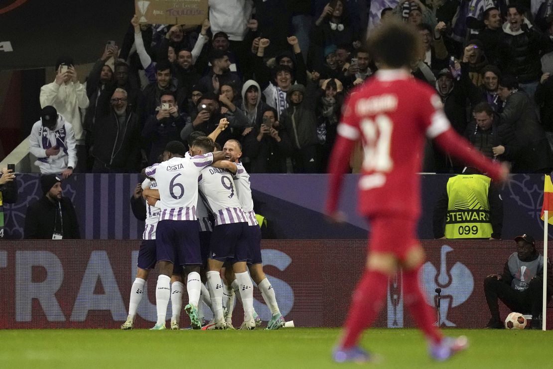 Toulouse's players celebrate after Toulouse's Frank Magri scored his side's third goal during the Europa League Group E soccer match between Toulouse and Liverpool, at the Toulouse Stadium in Toulouse, France, Thursday, Nov. 9, 2023. (AP Photo/Thibault Camus)