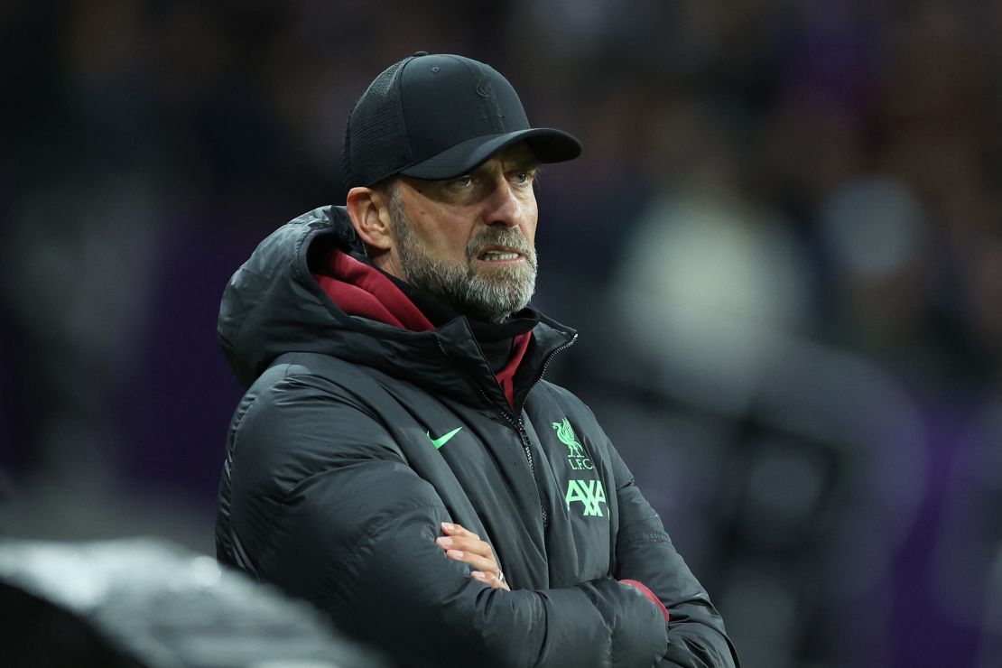 Liverpool's German manager Jurgen Klopp reacts as he watches is side from the technical area during the UEFA Europa League Group E football match between Toulouse FC (TFC) and Liverpool at the Stadium de Toulouse, in Toulouse, southwestern France on November 9, 2023. (Photo by Charly TRIBALLEAU / AFP) (Photo by CHARLY TRIBALLEAU/AFP via Getty Images)