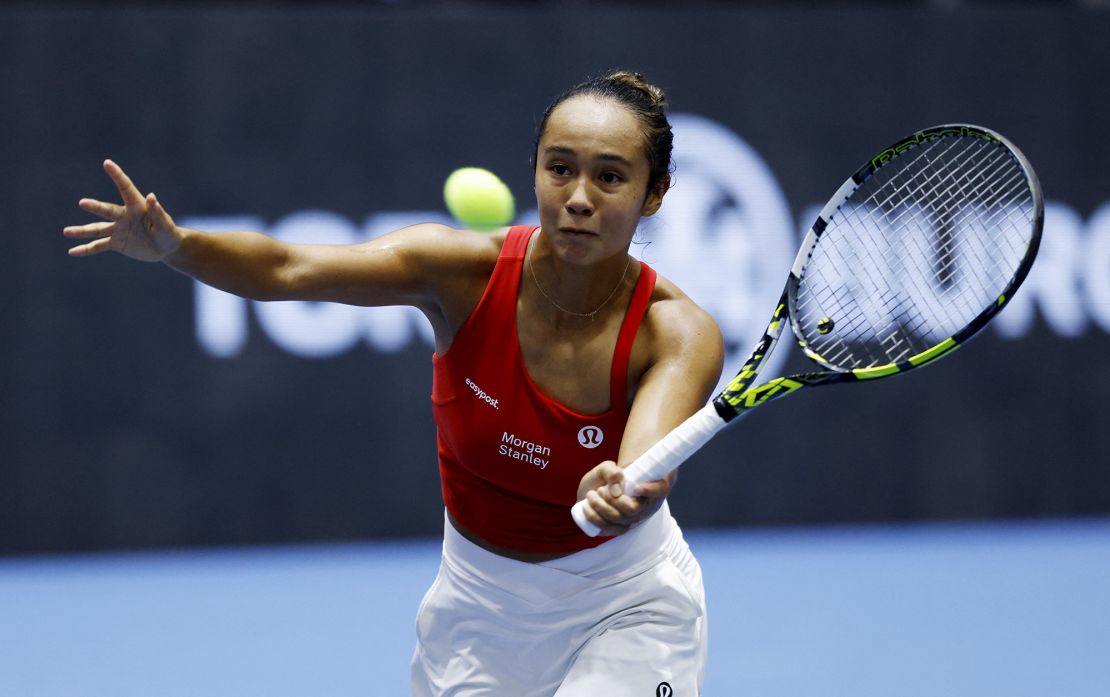 Tennis - Billie Jean King Cup Finals - Estadio de La Cartuja, Seville, Spain - November 12, 2023 
Canada's Leylah Fernandez in action during her singles match against Italy's Jasmine Paolini REUTERS/Marcelo Del Pozo