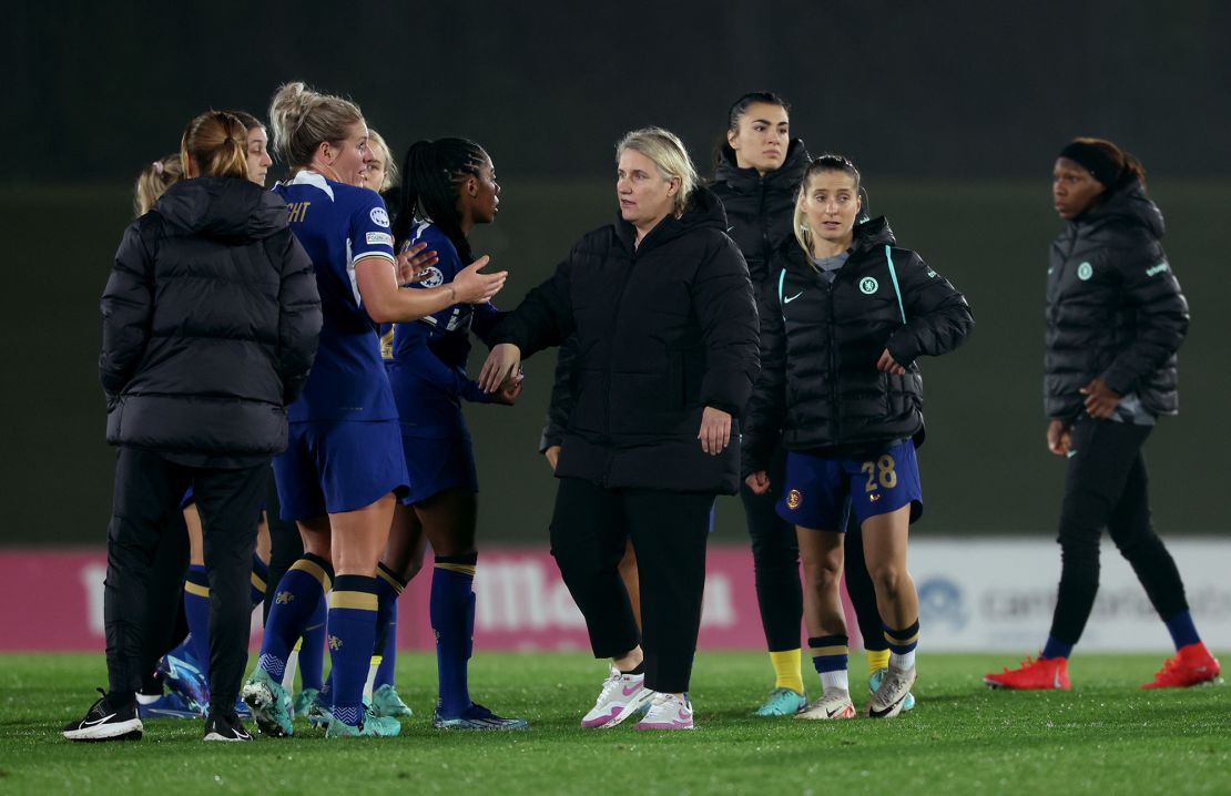 Chelsea manager Emma Hayes with the players after the UEFA Women's Champions League Group D match at the Estadio Alfredo Di Stefano in Madrid, Spain. Picture date: Wednesday November 15, 2023. (Photo by Isabel Infantes/PA Images via Getty Images)