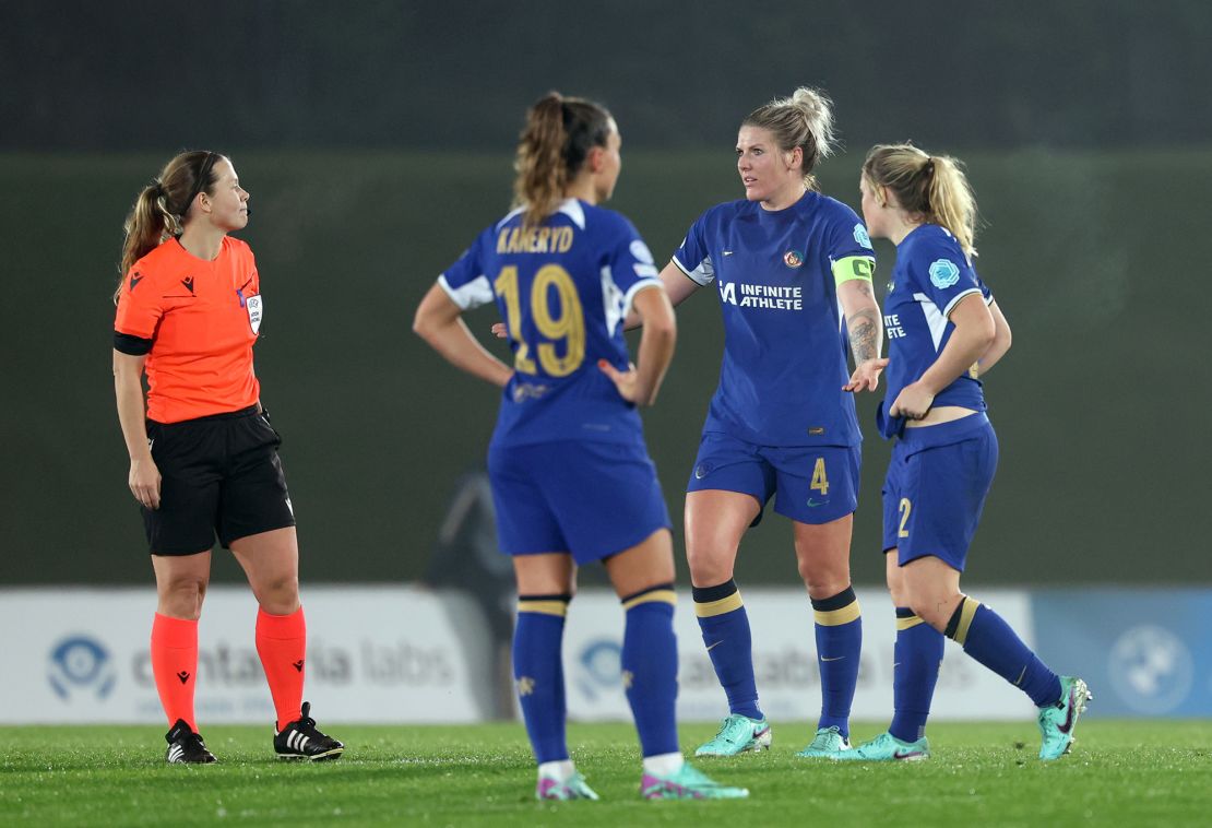 Chelsea's Millie Bright appeals to referee Frida Mia Klarlund after a goal is disallowed during the UEFA Women's Champions League Group D match at the Estadio Alfredo Di Stefano in Madrid, Spain. Picture date: Wednesday November 15, 2023. (Photo by Isabel Infantes/PA Images via Getty Images)