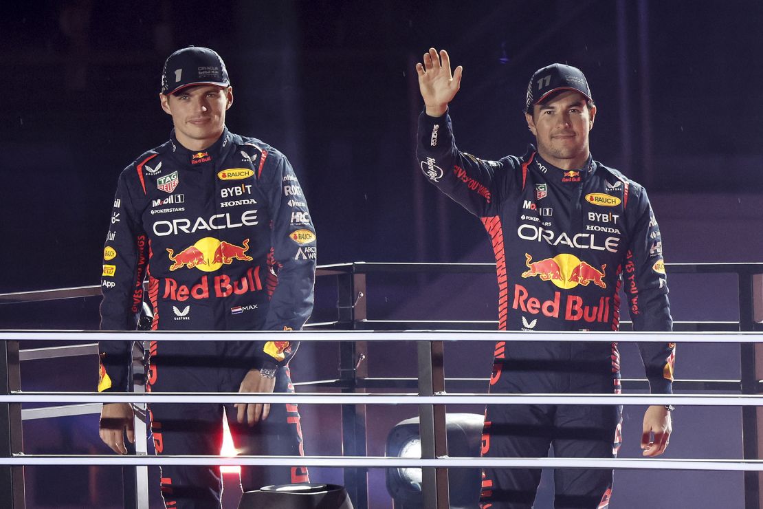 Mandatory Credit: Photo by ETIENNE LAURENT/EPA-EFE/Shutterstock (14214033br)
Team Red Bull Racing's Max Verstappen (L) and Sergio Perez (R) attend the opening ceremony ahead of the F1 Grand Prix of Las Vegas at the Las Vegas Strip Circuit in Las Vegas, Nevada, USA, 15 November 2023.
F1 Grand Prix of Las Vegas, Usa - 15 Nov 2023