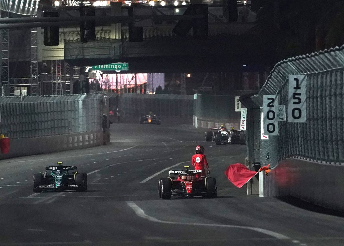 Mandatory Credit: Photo by Hasan Bratic/SIPA/Shutterstock (14217863am)
16.11.2023, Las Vegas Street Circuit, Las Vegas, FORMULA 1 HEINEKEN SILVER LAS VEGAS GRAND PRIX 2023

Carlos Sainz Jr. (ESP), Scuderia Ferrari ist  ber einen Kanaldeckel gefahren und muss das beschÁ for hire digte Auto abstellen, Fernando Alonso (ESP), Aston Martin Aramco Cognizant Formula One Team
FORMULA 1 HEINEKEN SILVER LAS VEGAS GRAND PRIX 2023, United States Of America - 16 Nov 2023