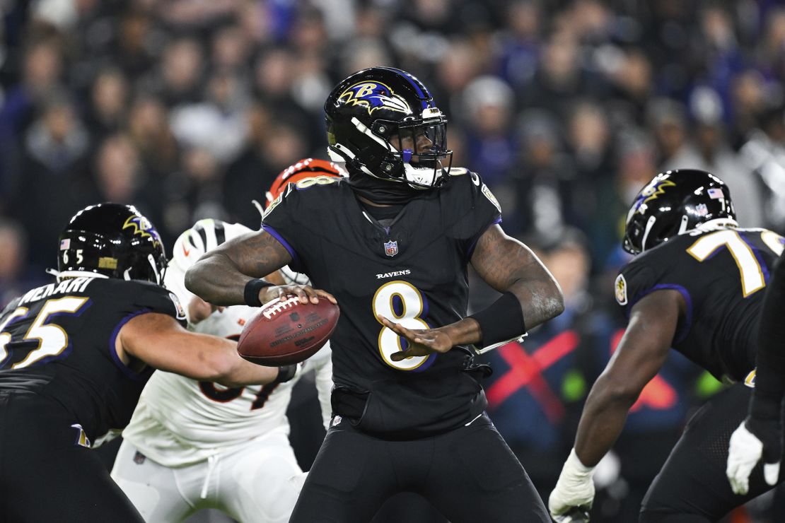 Baltimore Ravens quarterback Lamar Jackson (8) looks to pass the ball during the first half of an NFL football game against the Cincinnati Bengals, Thursday, Nov. 16, 2023, in Baltimore. (AP Photo/Terrance Williams)