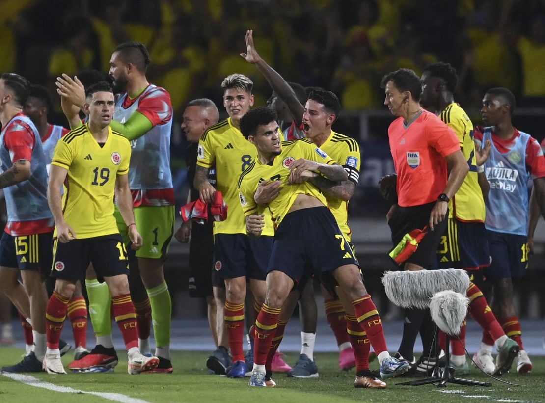 Colombia's forward Luis Diaz (C) celebrates with teammates after scoring during the 2026 FIFA World Cup South American qualification football match between Colombia and Brazil at the Roberto Melendez Metropolitan Stadium in Barranquilla, Colombia, on November 16, 2023. (Photo by Juan BARRETO / AFP) (Photo by JUAN BARRETO/AFP via Getty Images)