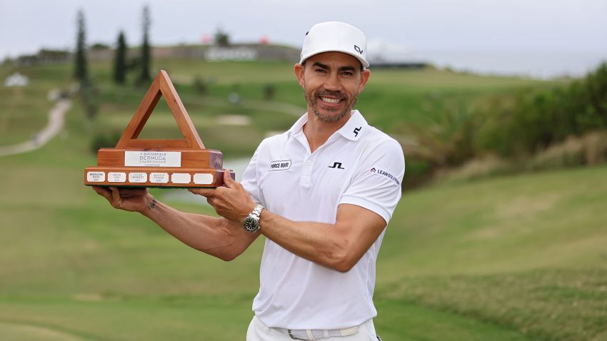 SOUTHAMPTON, BERMUDA - NOVEMBER 12: Camilo Villegas of Colombia poses with the trophy after winning the Butterfield Bermuda Championship at Port Royal Golf Course on November 12, 2023 in Southampton, Bermuda. (Photo by Gregory Shamus/Getty Images)