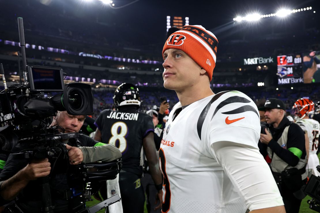 BALTIMORE, MARYLAND - NOVEMBER 16: Quarterback Joe Burrow #9 of the Cincinnati Bengals walks off the field following the Bengals loss to the Baltimore Ravens at M&T Bank Stadium on November 16, 2023 in Baltimore, Maryland. (Photo by Rob Carr/Getty Images)