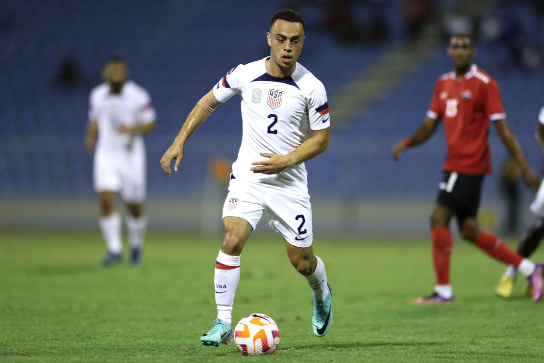 PORT OF SPAIN, TRINIDAD AND TOBAGO - NOVEMBER 20: Sergiño Dest #2 of the United States advances the ball during the first half against Trinidad and Tobago at Hasely Crawford Stadium on November 20, 2023 in Port of Spain, Trinidad And Tobago. (Photo by John Dorton/ISI Photos/USSF/Getty Images for USSF)