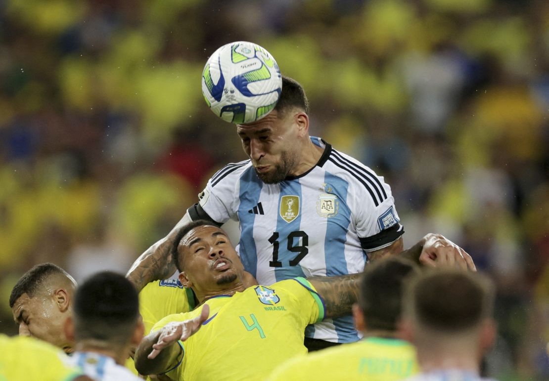 Soccer Football - World Cup - South American Qualifiers - Brazil v Argentina - Estadio Maracana, Rio de Janeiro, Brazil - November 21, 2023
Argentina's Nicolas Otamendi scores their first goal REUTERS/Ricardo Moraes     TPX IMAGES OF THE DAY