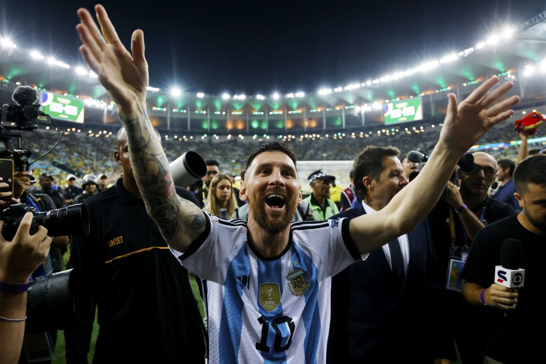 RIO DE JANEIRO, BRAZIL - NOVEMBER 21: Lionel Messi of Argentina celebrates after winning a FIFA World Cup 2026 Qualifier match between Brazil and Argentina at Maracana Stadium on November 21, 2023 in Rio de Janeiro, Brazil. (Photo by Wagner Meier/Getty Images)