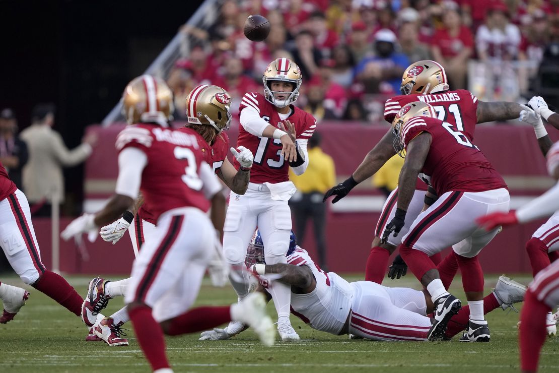 SANTA CLARA, CALIFORNIA - SEPTEMBER 21: Brock Purdy #13 of the San Francisco 49ers throws a pass against the New York Giants during the first quarter in the game at Levi's Stadium on September 21, 2023 in Santa Clara, California. (Photo by Thearon W. Henderson/Getty Images)