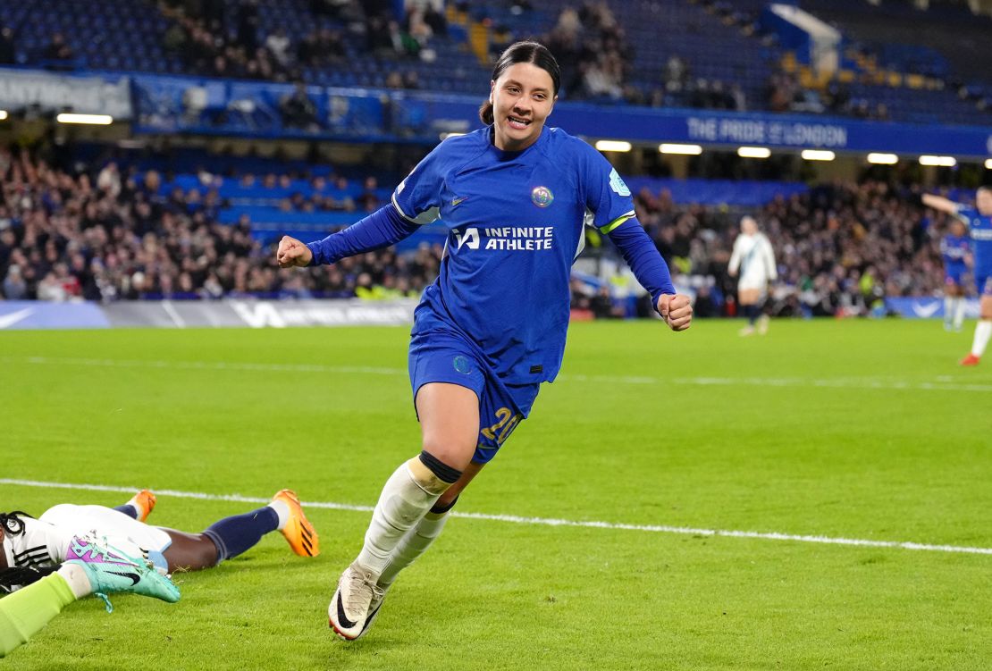 Chelsea's Sam Kerr celebrates scoring their side's second goal of the game during the UEFA Women's Champions League Group D match at Stamford Bridge, London. Picture date: Thursday November 23, 2023. (Photo by John Walton/PA Images via Getty Images)