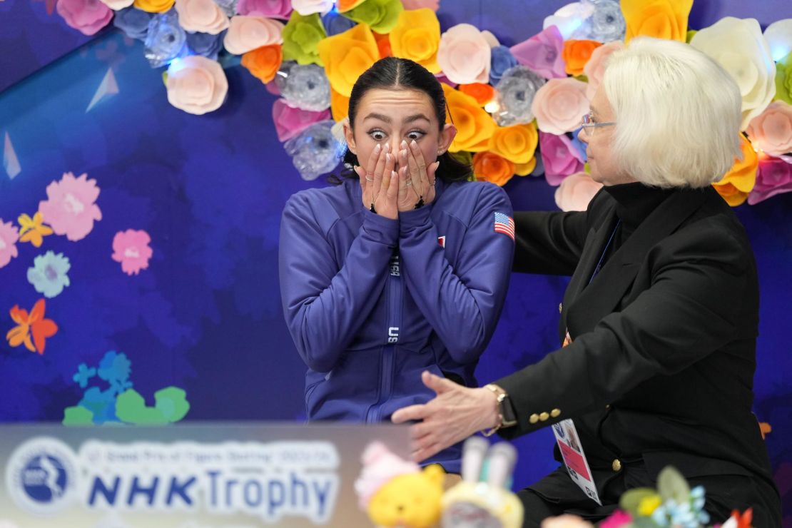 OSAKA, JAPAN - NOVEMBER 25: Ava Marie Ziegler of the United States reacts to her score at the kiss and cry in the Women's Free Skating during the ISU Grand Prix of Figure Skating - NHK Trophy at Towa Pharmaceutical RACTAB Dome on November 25, 2023 in Osaka, Japan. (Photo by Toru Hanai - International Skating Union/International Skating Union via Getty Images)