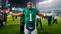 Philadelphia Eagles quarterback Jalen Hurts celebrates after scoring the game winning touchdown against the Buffalo Bills during overtime in an NFL football game Sunday, Nov. 26, 2023, in Philadelphia. (AP Photo/Matt Slocum)