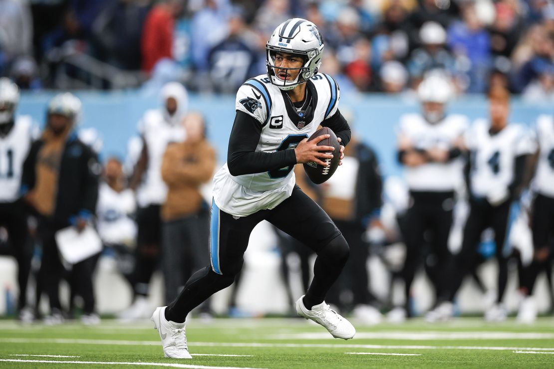 NASHVILLE, TENNESSEE - NOVEMBER 26: Bryce Young #9 of the Carolina Panthers attempts a pass during the third quarter against the Tennessee Titans at Nissan Stadium on November 26, 2023 in Nashville, Tennessee. (Photo by Silas Walker/Getty Images)