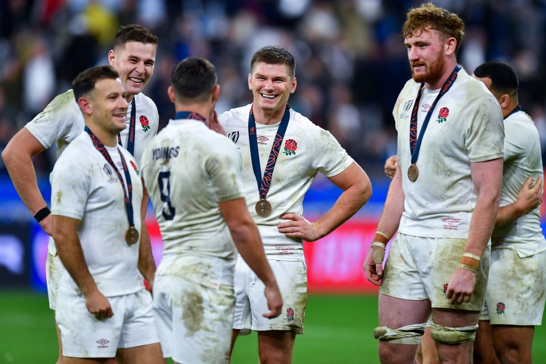 PARIS, FRANCE - OCTOBER 27: Owen Farrell of England celebrates victory at full-time following the Rugby World Cup France 2023 Bronze Final match between Argentina and England at Stade de France on October 27, 2023 in Paris, France. (Photo by Franco Arland/Getty Images)