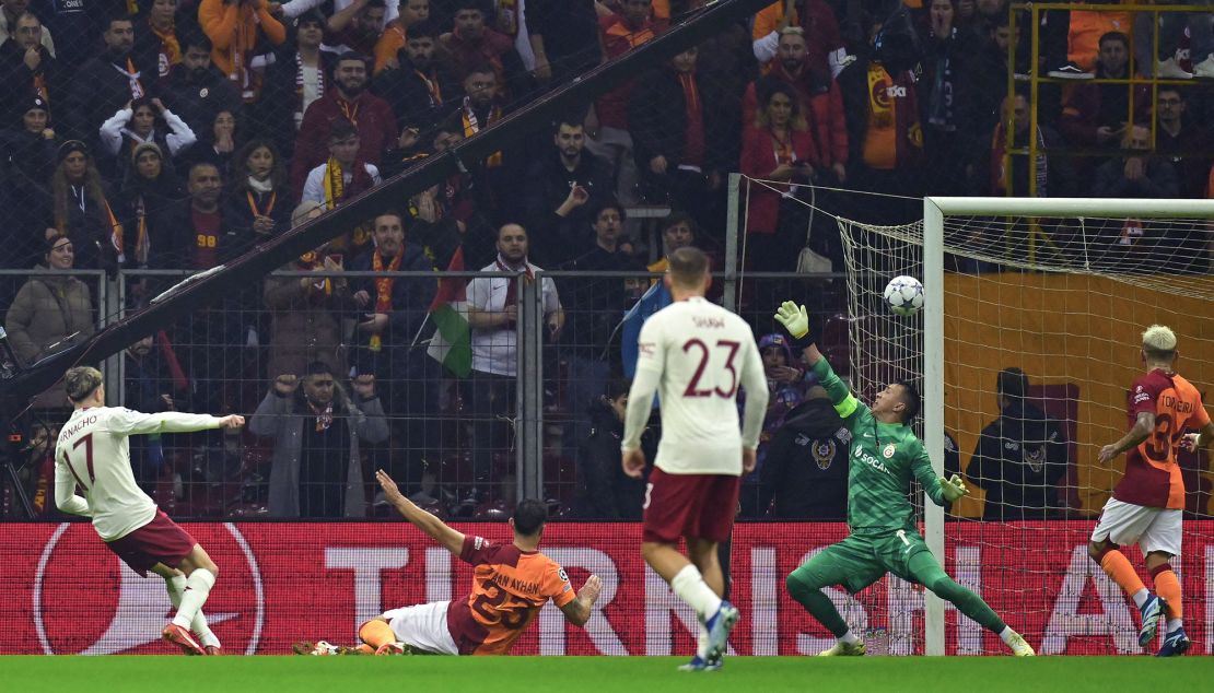 TOPSHOT - Manchester United's Argentinian midfielder #17 Alejandro Garnacho shoots and scores a goal during the UEFA Champions League 1st round, day 5, Group A football match between Galatasaray and Manchester United at Ali Sami Yen Spor Kompleksi in Istanbul, on November 29, 2023. (Photo by YASIN AKGUL / AFP) (Photo by YASIN AKGUL/AFP via Getty Images)