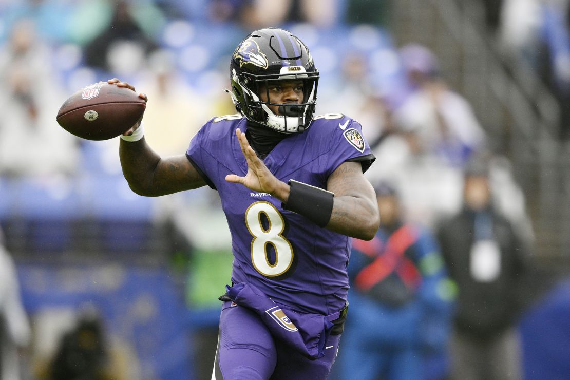 Baltimore Ravens quarterback Lamar Jackson throws against the Los Angeles Rams during the first half of an NFL football game Sunday, Dec. 10, 2023, in Baltimore. (AP Photo/Nick Wass)