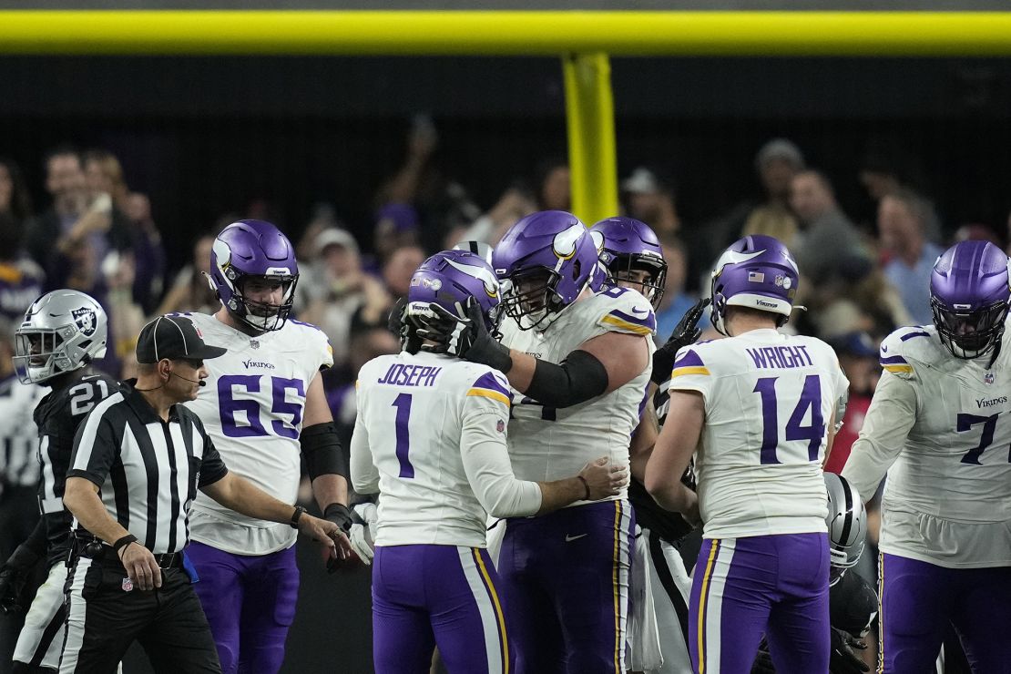 Minnesota Vikings place kicker Greg Joseph (1) celebrates his game-winning field goal against the Las Vegas Raiders during the second half of an NFL football game, Sunday, Dec. 10, 2023, in Las Vegas. (AP Photo/John Locher)