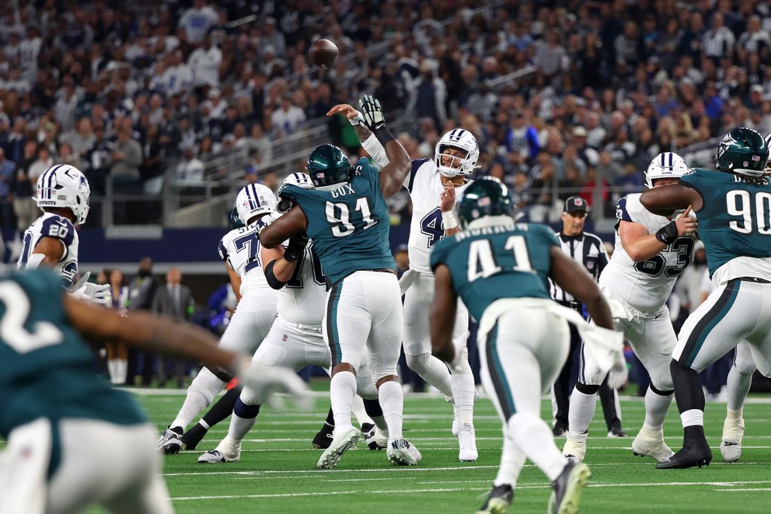 ARLINGTON, TEXAS - DECEMBER 10: Dak Prescott #4 of the Dallas Cowboys throws a pass during the first quarter against the Philadelphia Eagles at AT&T Stadium on December 10, 2023 in Arlington, Texas. (Photo by Richard Rodriguez/Getty Images)