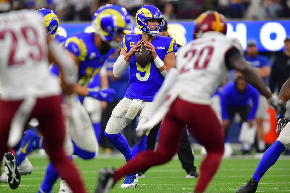 Dec 17, 2023; Inglewood, California, USA; Los Angeles Rams quarterback Matthew Stafford (9) drops back to pass against the Washington Commanders during the second half at SoFi Stadium. Mandatory Credit: Gary A. Vasquez-USA TODAY Sports