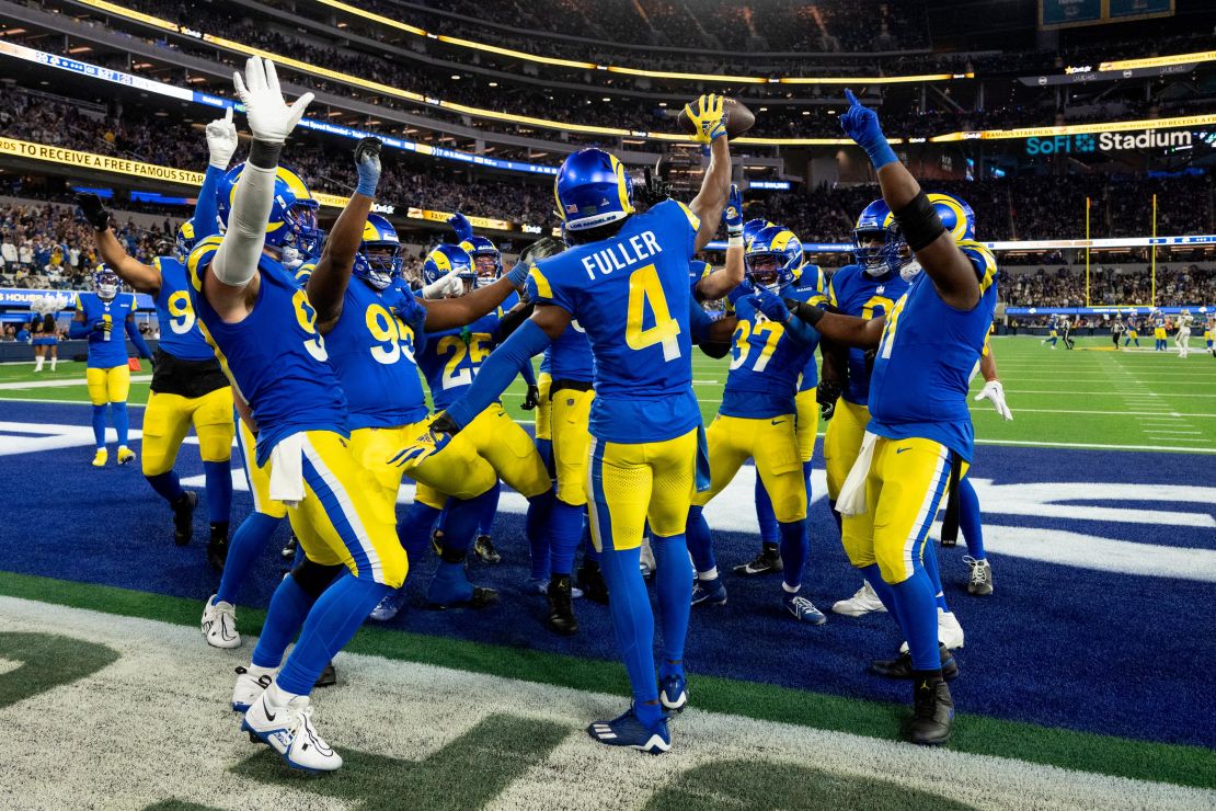 Los Angeles Rams safety Jordan Fuller (4) celebrates his interception during an NFL football game against the New Orleans Saints, Thursday, Dec. 21, 2023, in Inglewood, Calif.