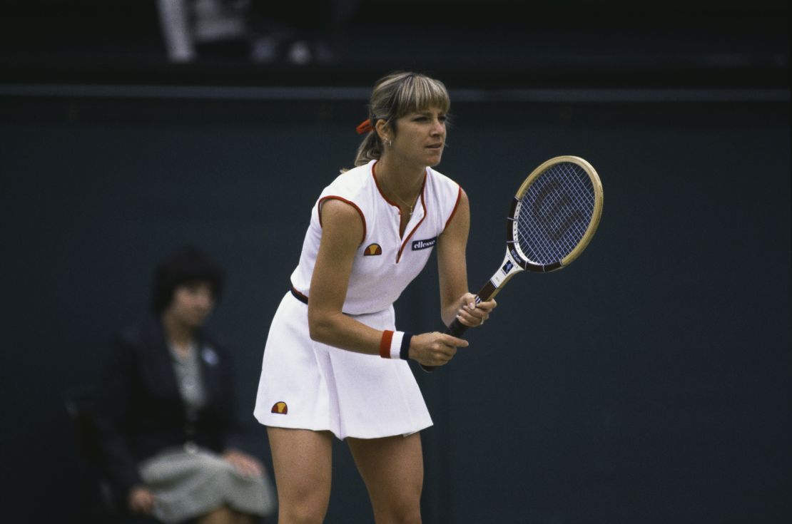 American tennis player Chris Evert-Lloyd competing against Pam Shriver in the semi-finals of the Women's Singles tournament at The Championships, Wimbledon, London, July 1981. Evert-Lloyd won the match 6-3, 6-1.  (Photo by Fox Photos/Hulton Archive/Getty Images