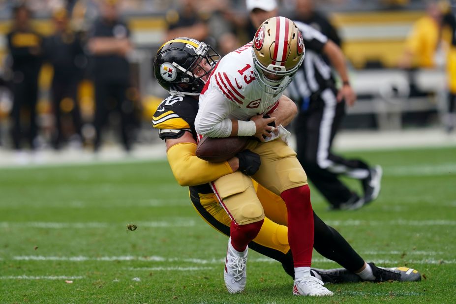 Pittsburgh Steelers linebacker T.J. Watt sacks San Francisco 49ers quarterback Brock Purdy on September 10. It was to be one of the only highlights for the home fans as the Niners won 30-7.