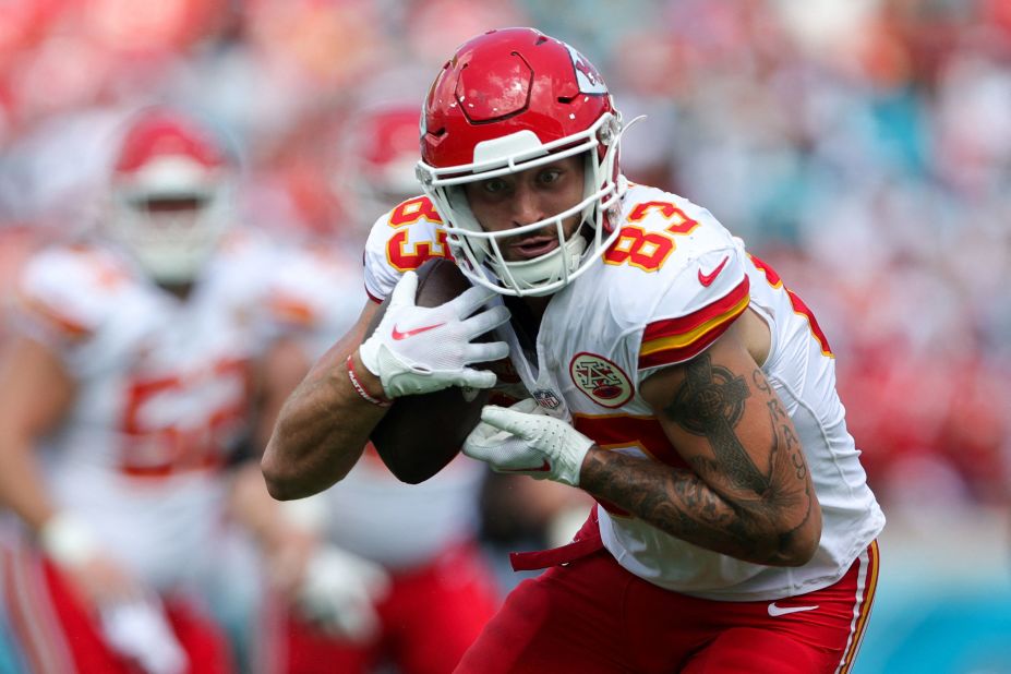 Kansas City Chiefs tight end Noah Gray receives a pass on September 17. The Chiefs beat the Jacksonville Jaguars 17-9.