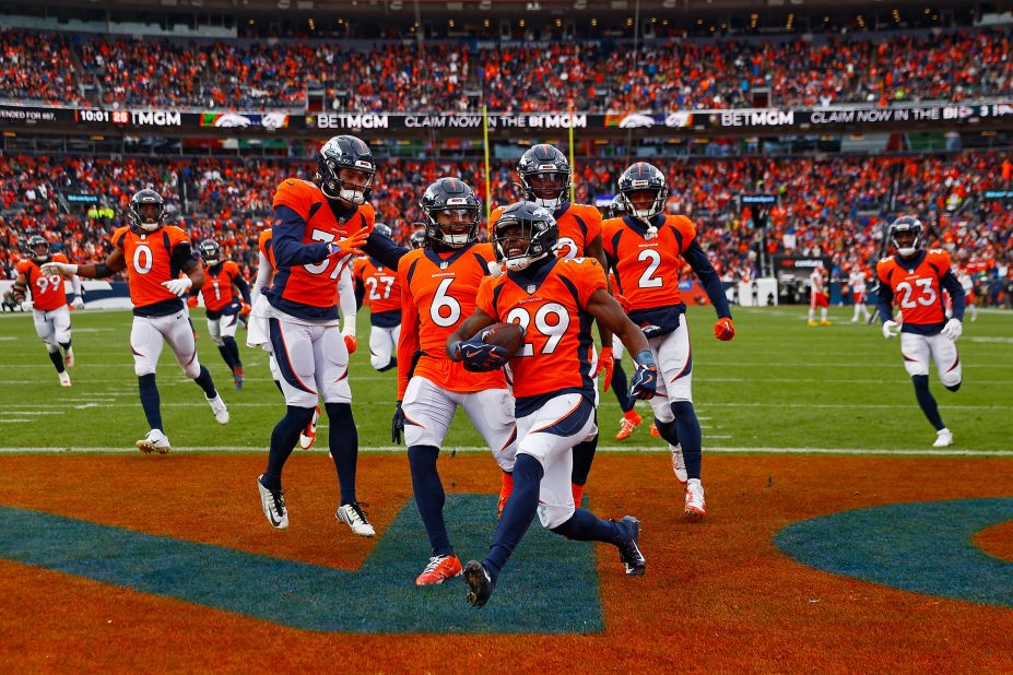 Denver Broncos cornerback Ja'Quan McMillian celebrates a second quarter interception in Denver on Sunday, October 29. The Broncos beat the Kansas City Chiefs 24-9.