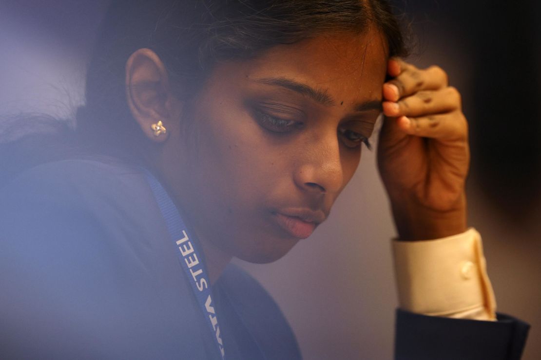 HAARLEM, NETHERLANDS - JANUARY 28:  Rameshbabu Vaishali of India competes against Max Warmerdam of Netherlands in Round 12 of the Challengers Tata Steel Chess Tournament 2023 on January 28, 2023 in Wijk aan Zee near Haarlem, Netherlands. (Photo by Dean Mouhtaropoulos/Getty Images)