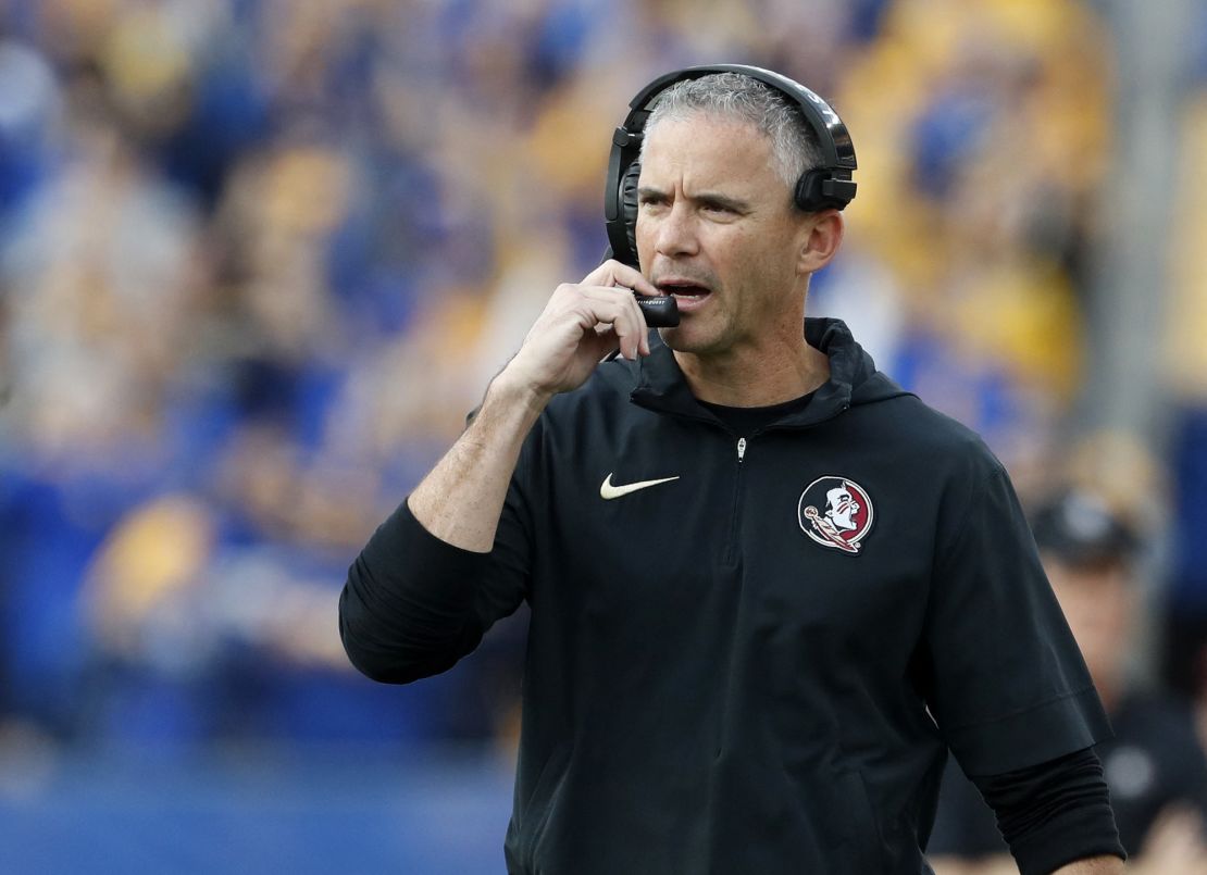 Nov 4, 2023; Pittsburgh, Pennsylvania, USA;  Florida State Seminoles head coach Mike Norvell on the sidelines against the Pittsburgh Panthers during the second quarter at Acrisure Stadium. Mandatory Credit: Charles LeClaire-USA TODAY Sports