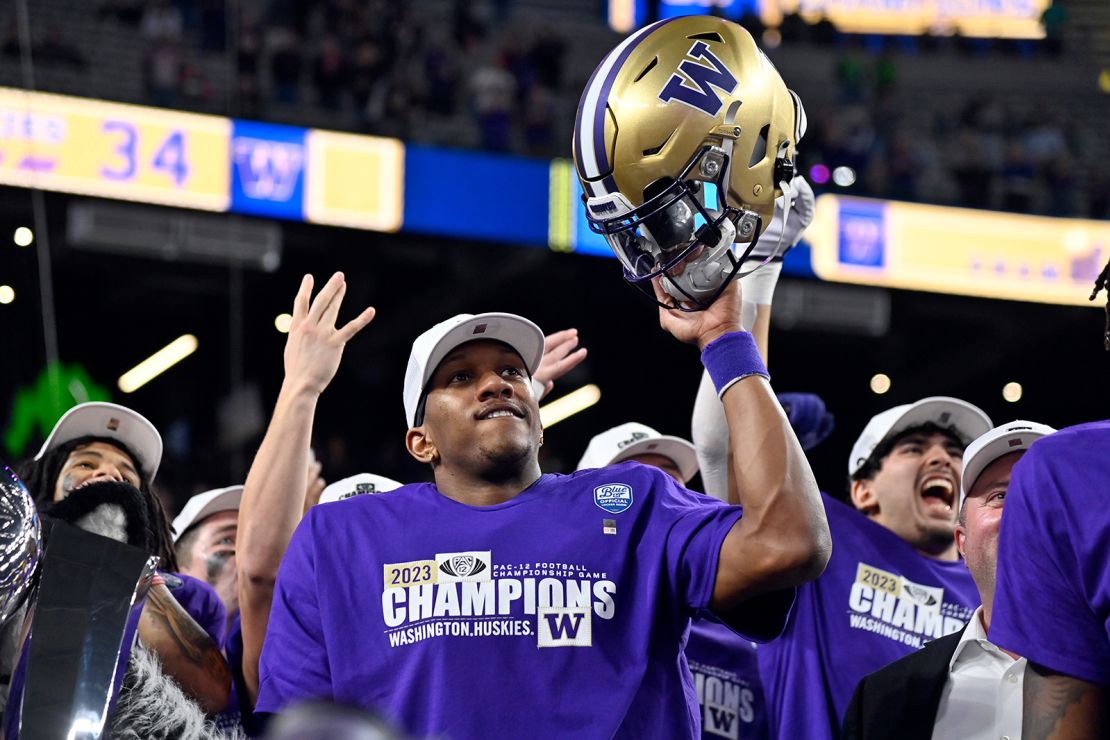 Washington quarterback Michael Penix Jr. celebrates after the team defeated Oregon in the Pac-12 championship NCAA college football game Friday, December 1, 2023, in Las Vegas.